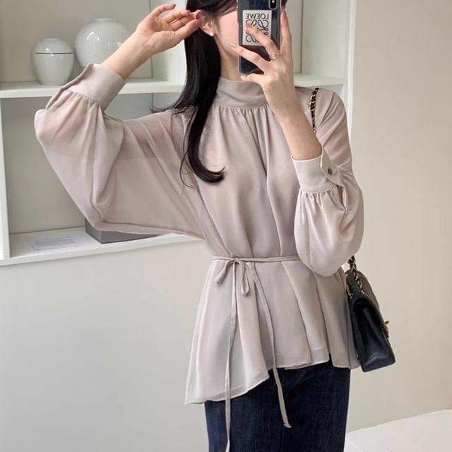 Coris-Long Sleeve Stand Collar Plain Tie-Up Blouse