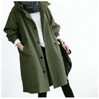 Everose-Plain Hooded Long Single-Breasted Trench Jacket