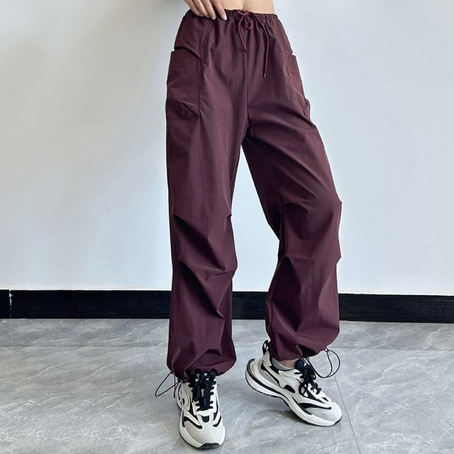 Engiko-Drawstring Waist Plain Loose Fit Cargo Pants