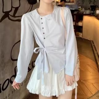 Trendycas-Long-Sleeve Crew Neck Plain Tie Front Blouse