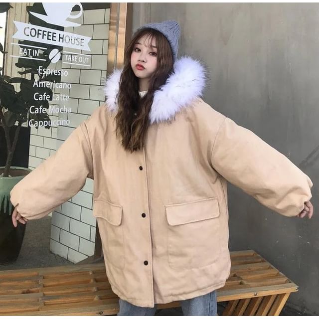 Yako-Plain Hooded Fluffy Trim Button-Up Parka