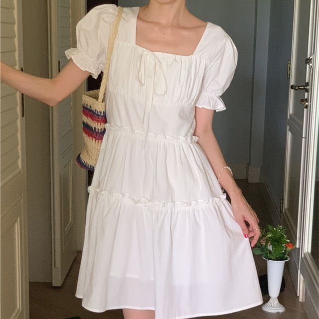 open back a-line mini dress in ivory Brown Shirred Cut-Out Linen Midi Dress