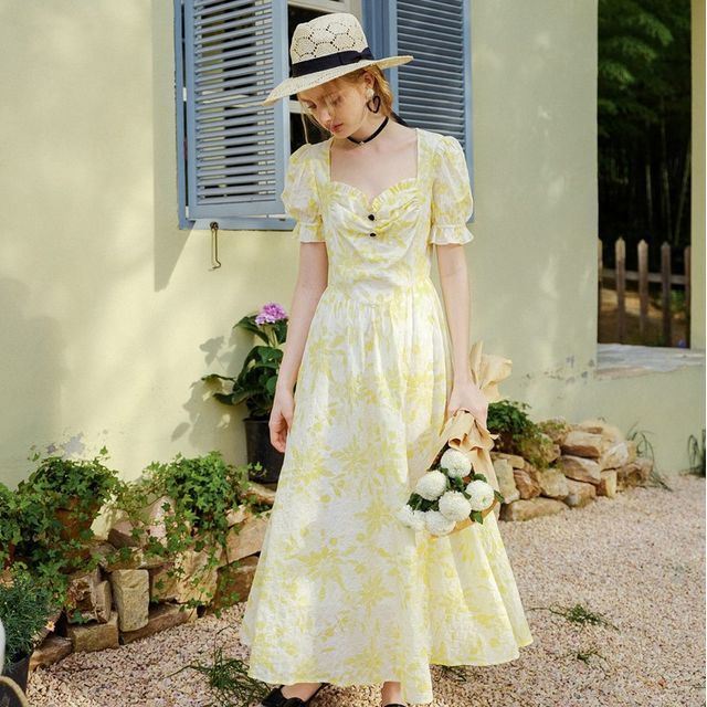 SinceThen★Long sleeve floral dress スカート ST9 Sincethen - Long-Sleeve Floral A-Line Midi Dress | YesStyle