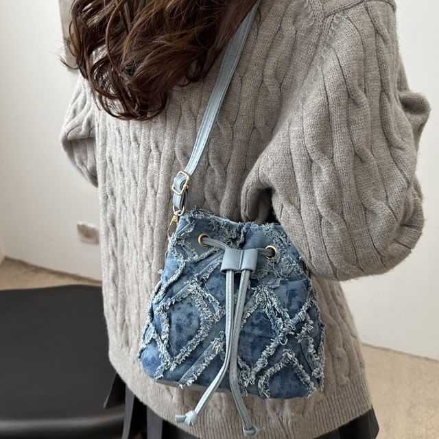 Fran San-Drawstring Frayed Denim Bucket Bag