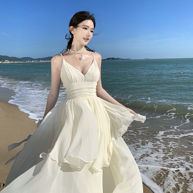 Moanum-Spaghetti Strap V-Neck Plain Maxi A-Line Dress