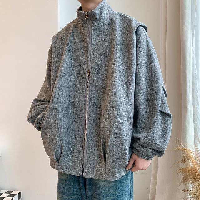 Sheck-Puff-Sleeve Plain Oversized Zip Jacket