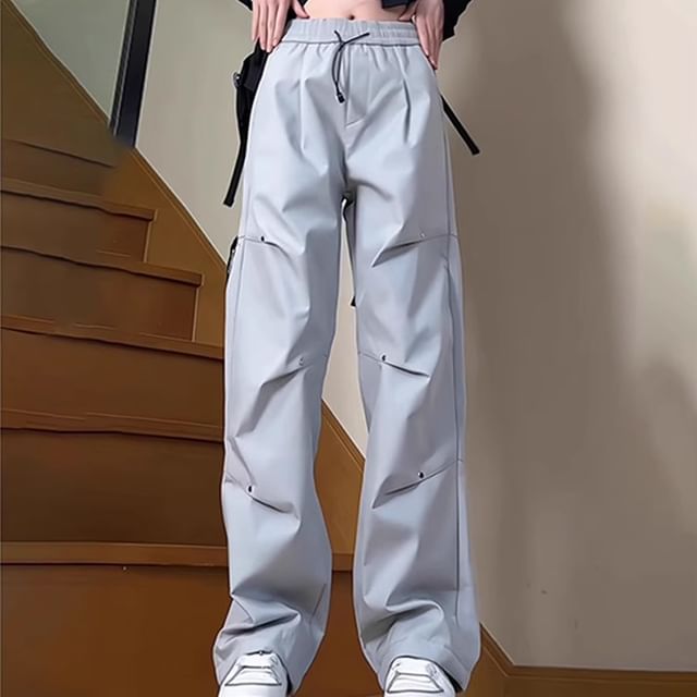 Kimeya-Drawstring Waist Plain Baggy Pants