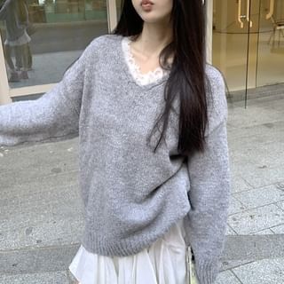 Closette-V-Neck Plain Oversized Sweater