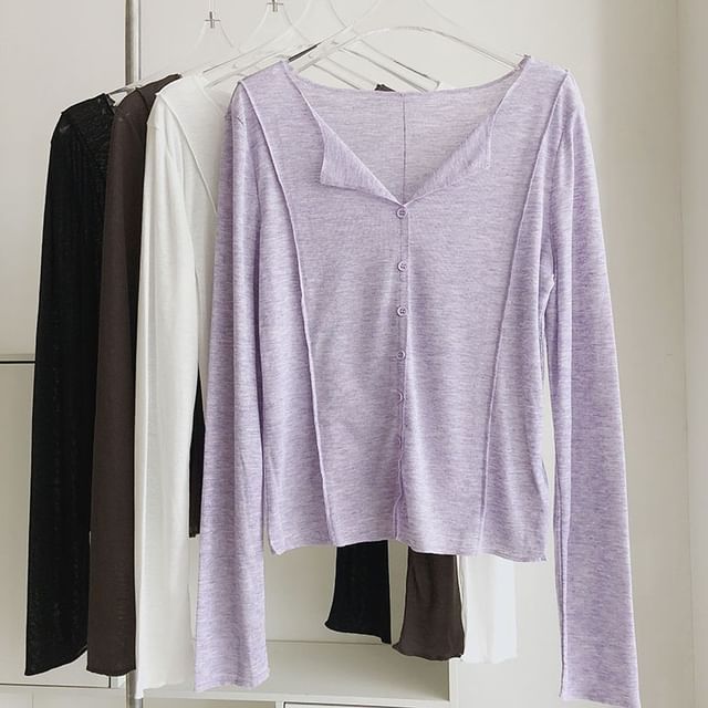 Faiar-Long-Sleeve Notch Neck Plain Button Top