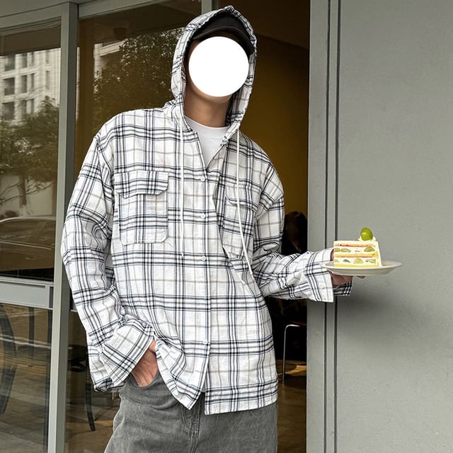 Adothuiastic-Long-Sleeve Plaid Hooded Button-Up Shirt