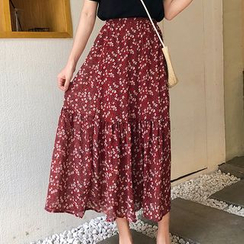 Dute - Floral Chiffon A-Line Midi Skirt Dute - Floral Chiffon A-Line Midi Skirt