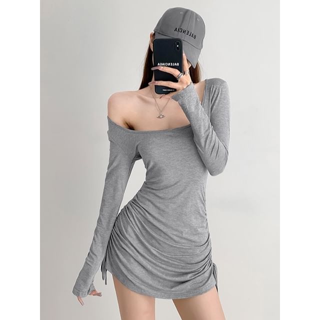 Shira-Drawstring-Side One-Shoulder Mini Dress