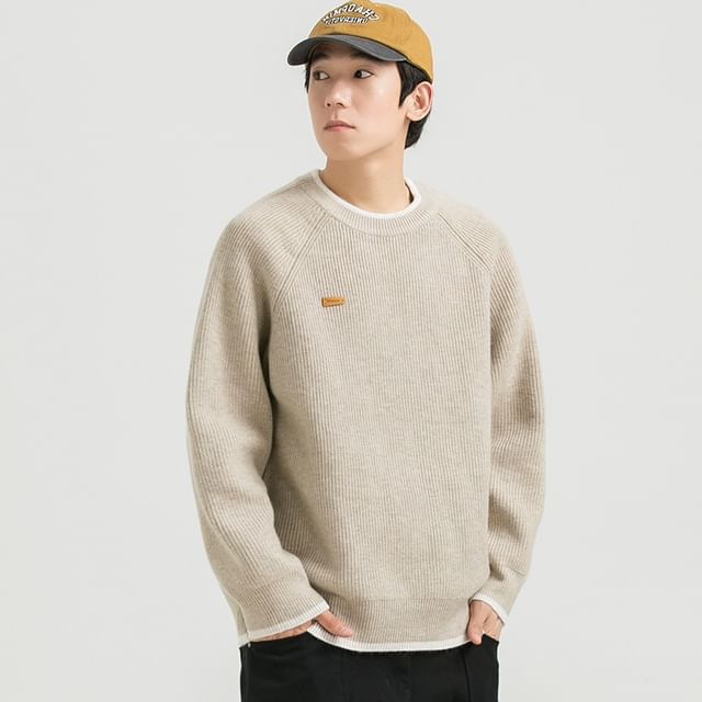 Zentrus-Crew Neck Contrast Trim Ribbed Sweater