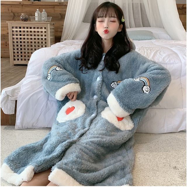 Whoosh - Long-Sleeve Fleece Hooded Pajama Dress | YesStyle