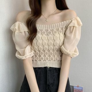 Sisyphi-Short-Sleeve Off Shoulder Plain Knit Top