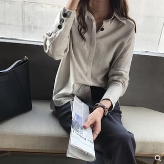 MIKIGA-Long-Sleeve Collared Plain Button Up Shirt