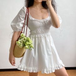 Sinora - Ruffle Trim Short-Sleeve A-Line Mini Dress Sinora - Ruffle Trim Short-Sleeve A-Line Mini Dress