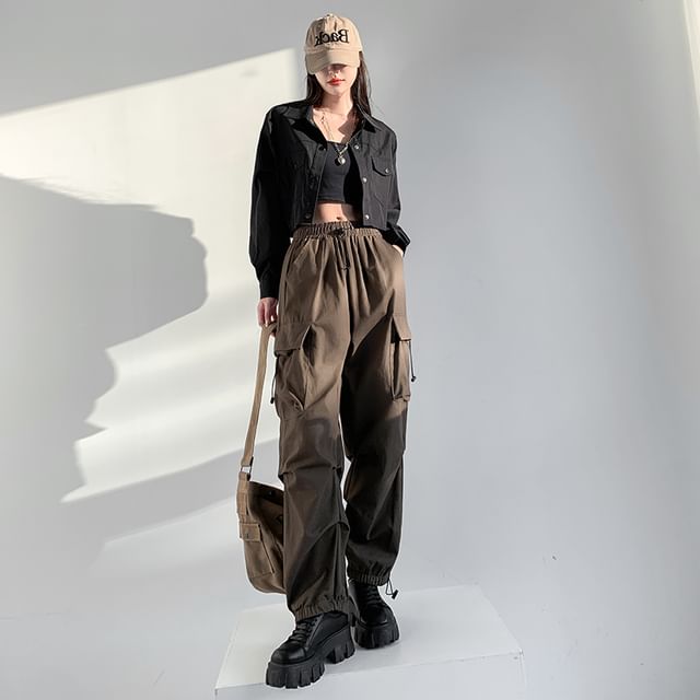 Isaaca - High Rise Plain Wide Leg Cargo Pants