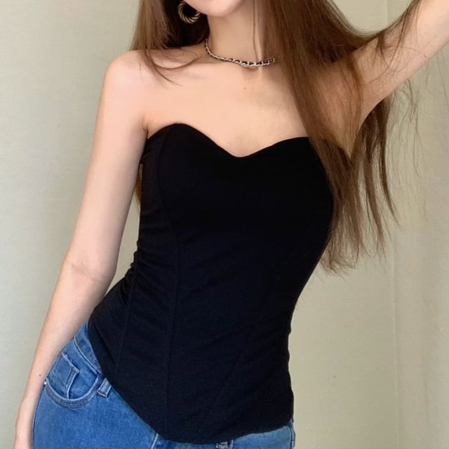 Gilmort-Strapless Plain Crop Top