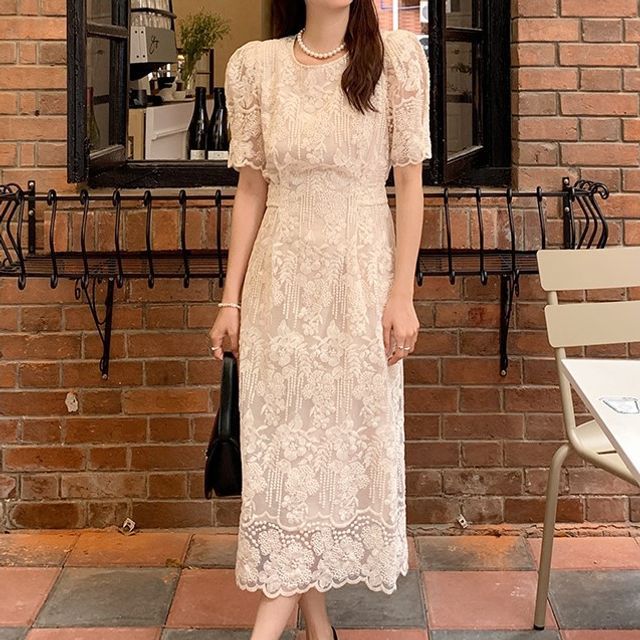 EFO - Short-Sleeve Round Neck Plain Tie Back Lace Midi A-Line Dress |  YesStyle