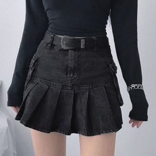 Genrovia - Pleated Denim Mini A-Line Skirt