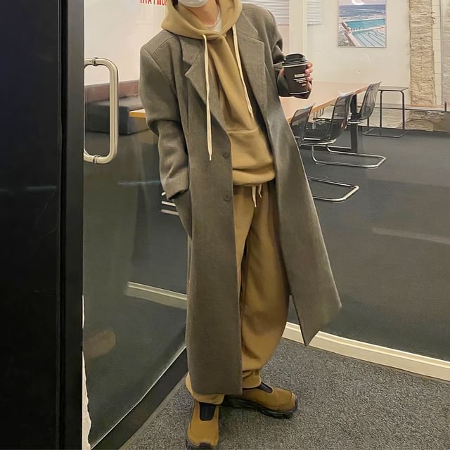 Okwano-Notch Lapel Plain Midi Single-Breasted Coat