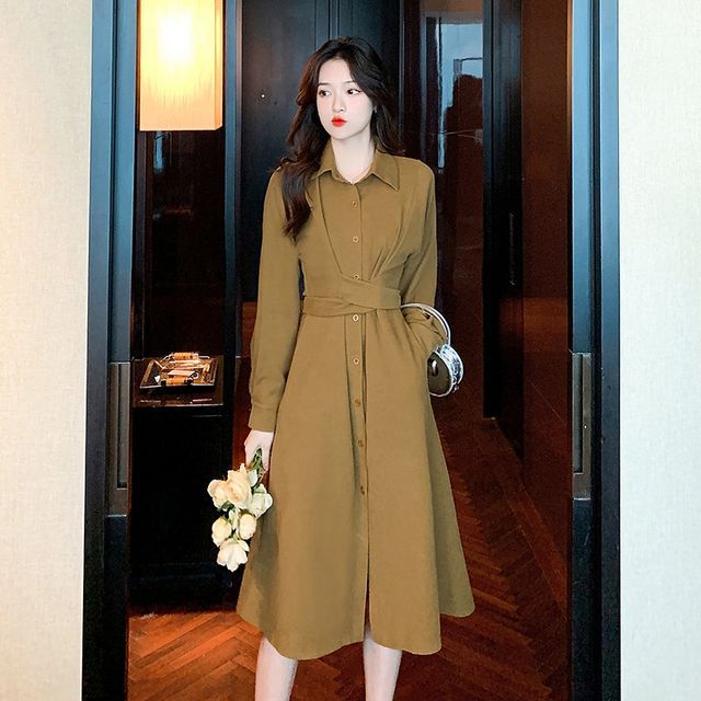 Tanzil - Long-Sleeve Collared Plain Criss Cross Midi A-Line Shirt Dress | YesStyle Tanzil - Long-Sleeve Collared Plain Criss Cross Midi A-Line Shirt Dress | YesStyle