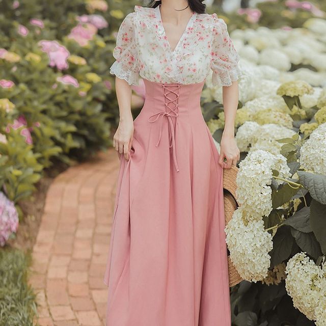 knee length dresses for ladies Womens Korean Coquette Aesthetic Cute Floral Light Pink Midi Dress  The  Kawaii Factory