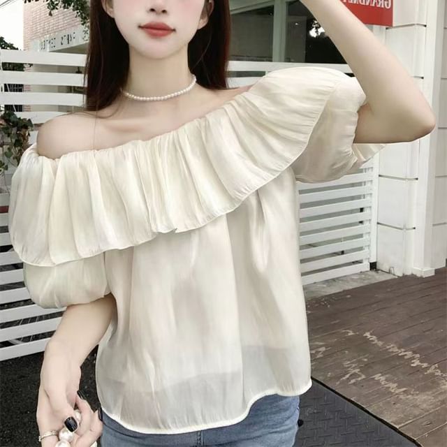 Everose-Puff-Sleeve Off-Shoulder Plain Ruffle Trim Crop Blouse