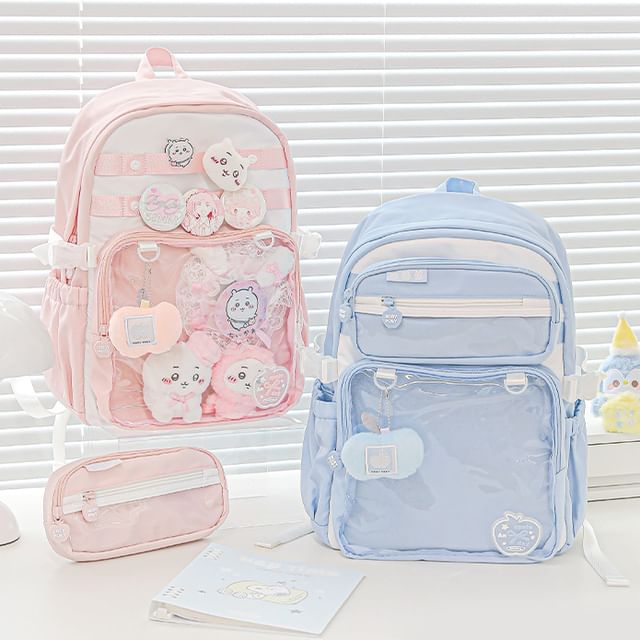 JIMO-Set Two Tone Buckled PVC Panel Nylon Backpack Pencil Case