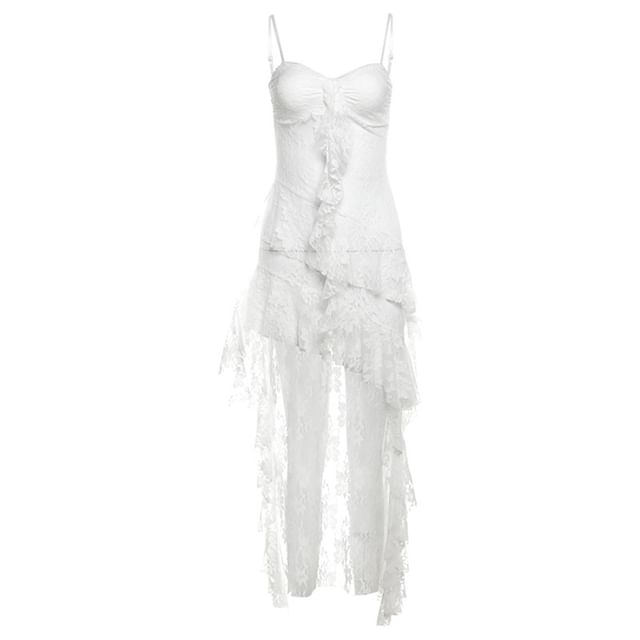 Sosana - Spaghetti Strap Lace Panel Ruffled Asymmetric-Hem Mini Dress | YesStyle Sosana - Spaghetti Strap Lace Panel Ruffled Asymmetric-Hem Mini Dress | YesStyle