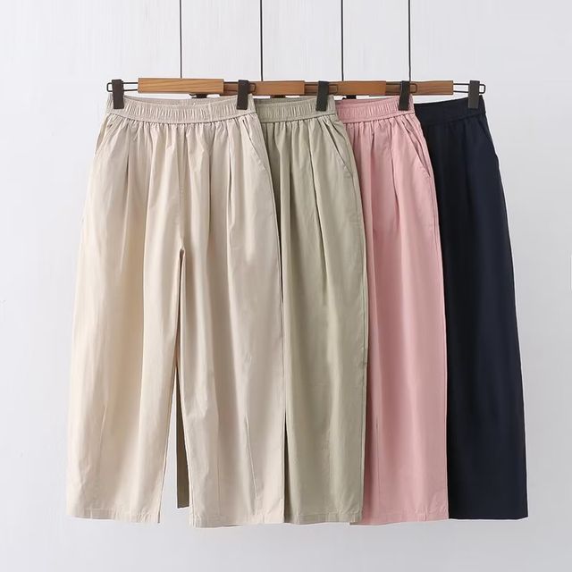 PANDAGO-Elastic Waist Plain Cropped Baggy Pants