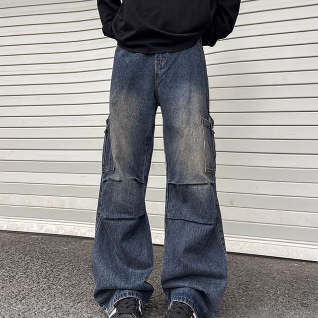 Plummie-Mid Rise Washed Wide Leg Cargo Jeans