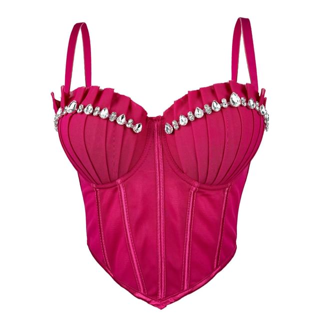 Doowex-Plain Rhinestone Pleated Bustier Top