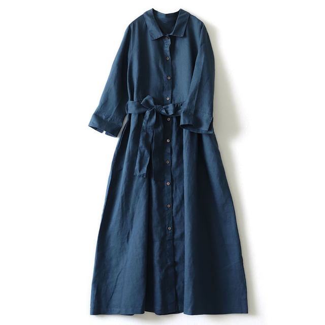 Lewwe-34 Sleeve Collared Button Down Belted Linen Maxi Dress