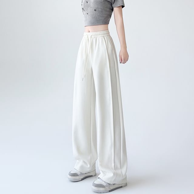 Magimomo-Drawstring Waist Plain Baggy Sweatpants