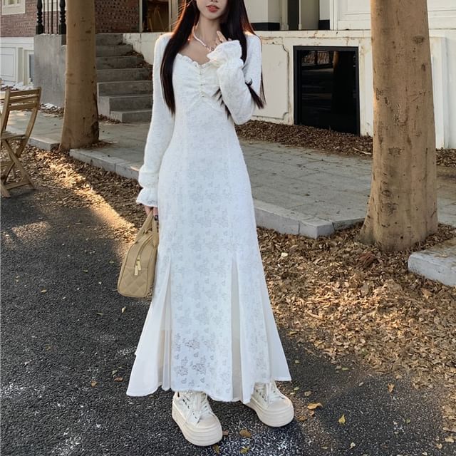 Flowerisque - Long-Sleeve Square Neck Plain Ruffle Panel Lace Maxi A-Line Dress | YesStyle Flowerisque - Long-Sleeve Square Neck Plain Ruffle Panel Lace Maxi A-Line Dress | YesStyle