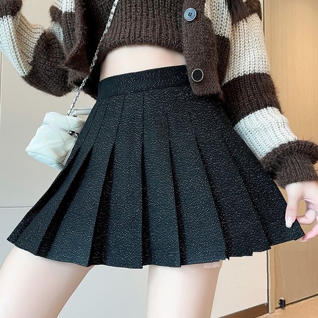 Woohan-High Rise Glitter Mini Pleated Skirt