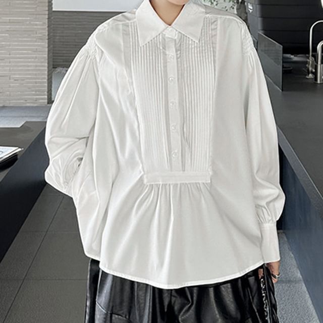 KUMI-Long Sleeve Collared Plain Pintuck Panel Shirt