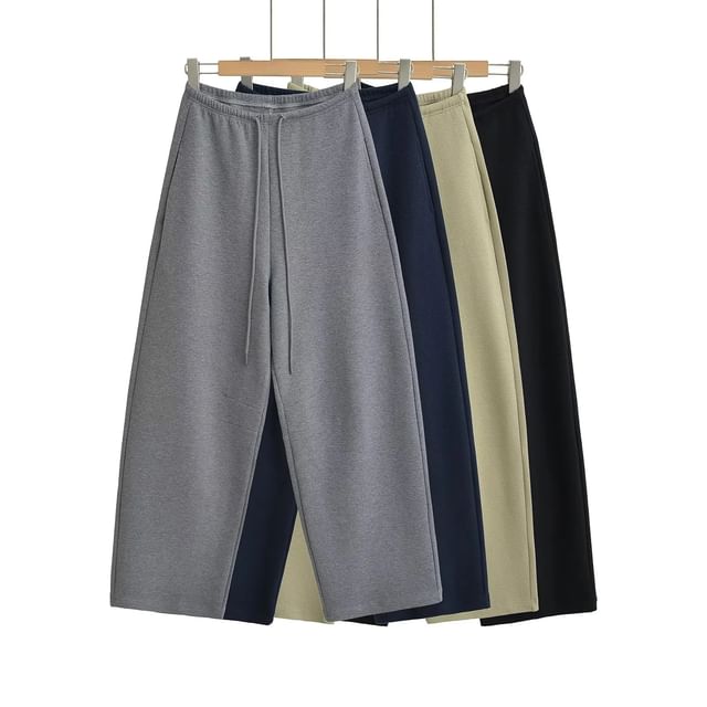 Asiris-Drawstring Waist Plain Baggy Sweatpants