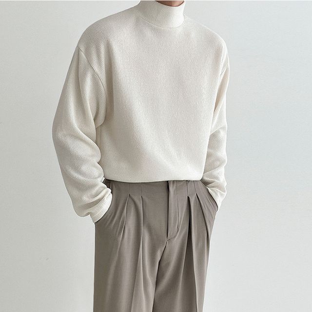 Omozando-Long-Sleeve Plain High-Neck Knit Sweater