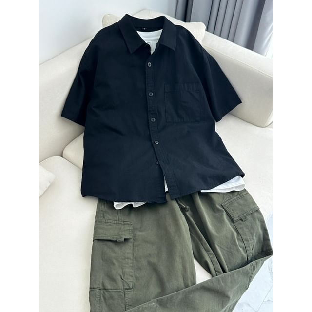 Breeson-Short Sleeve Collared Plain Shirt
