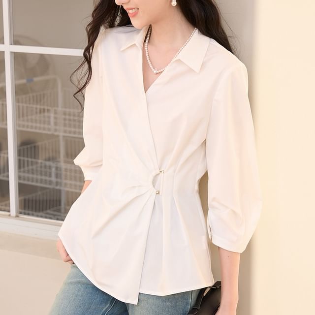 Jeonseon-Long-Sleeve Asymmetrical Plain Shirt