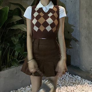 Avox - Knit Vest / Short-Sleeve Polo Shirt / Mini A-Line Skirt | YesStyle