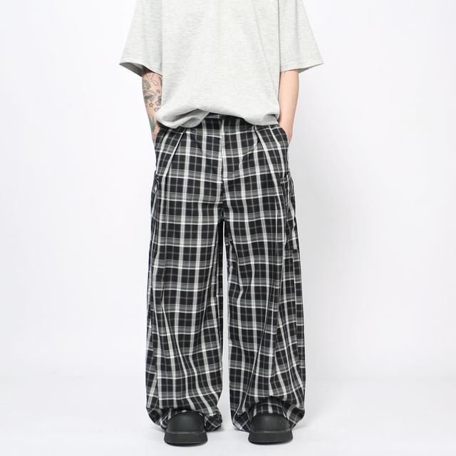 Derbundy-Mid Rise Plaid Wide Leg Pants