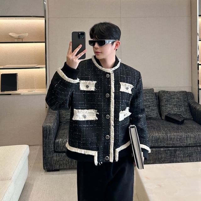 ravewider-Round Neck Two Tone Fringed Panel Button Jacket