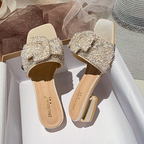 ZHILIUNIAN Rhinestone Block Heel Slide Sandals YesStyle