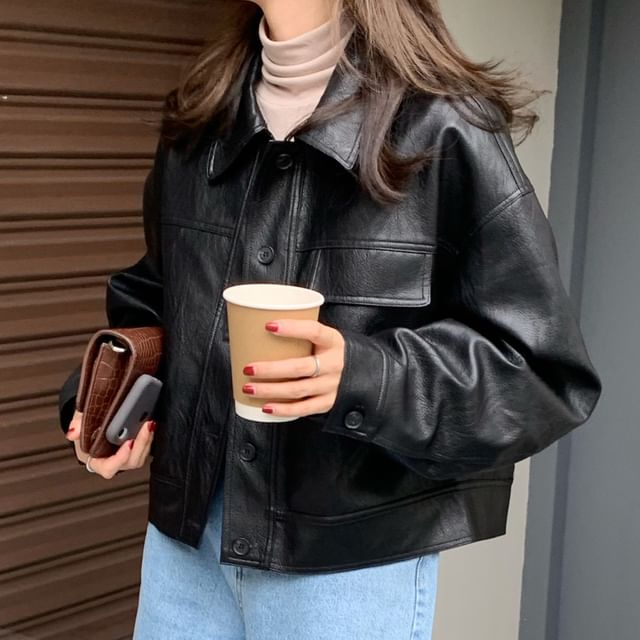 Alfie-Collared Plain Panel Faux Leather Button Jacket