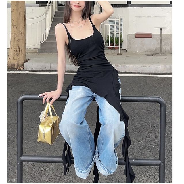 NENE-Scoop Neck Asymmetrical Plain Long Camisole Top
