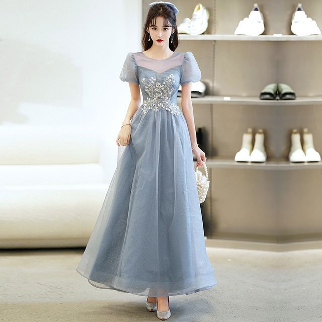 Mar de Amor Puff-Sleeve Mesh A-Line Evening Gown blue/navy Xs